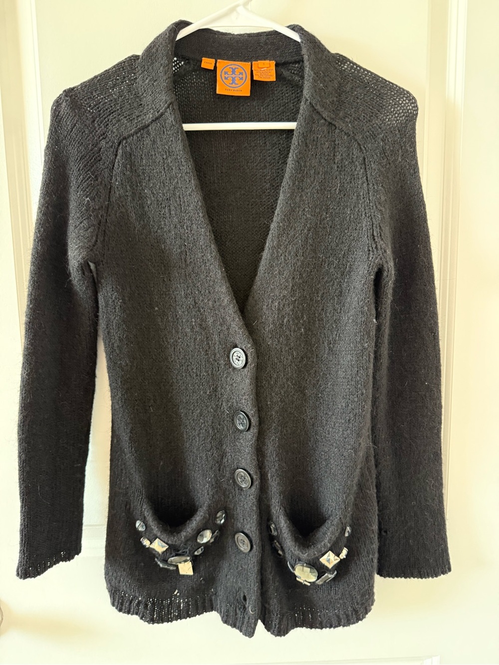 Tory Burch Black Wool-Blend Button Cardigan with Embellished Pockets